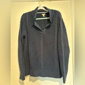LL Beans Mens XL Navy Blue 1/4 Button Cable Knit Heavyweight Sweater.